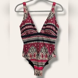 Zingara Red Black Floral Paisley Plunging V-Neck One-Piece Swimsuit Sexy Couture